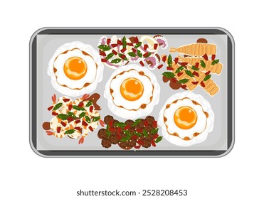 Conjunto de ilustrações de vetor de banner plano, comida deliciosa. Comida tailandesa, comida à la carte, manjericão frito com ovo frito "pad kra pao". Cozinhar a partir de vista superior, receita, menu, restaurante para design de alimentos.