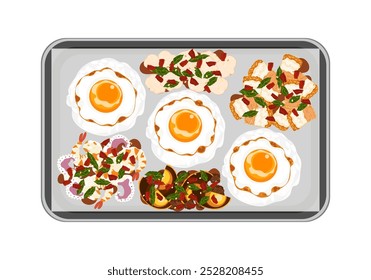 Conjunto de ilustrações de vetor de banner plano, comida deliciosa. Comida tailandesa, comida à la carte, manjericão frito com ovo frito "pad kra pao". Cozinhar a partir de vista superior, receita, menu, restaurante para design de alimentos.