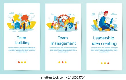 Set Flat Banner is Written Team Building Cartoon. Team Management, Leadership Idea Creating. Men and Women Assemble Puzzle Large Parts. People Fix Gear Mechanism. Vector Illustration Landing Page.