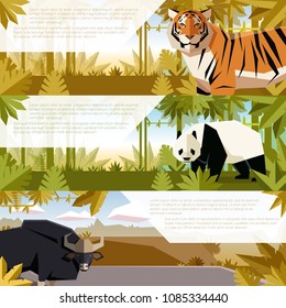 Set of flat banners with asian animals