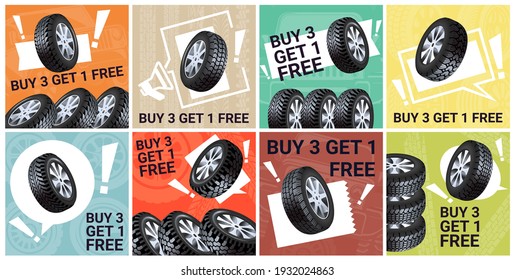 Set of flat banners with car tires. Seasonal tire change service, vector illustration. Collection of elements for advertising tire fitting services. Poster for replacing the base rubber sizes