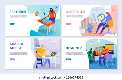 Set of flat banners creative professions graphic artist restorer multiplier and designer isolated vector illustration