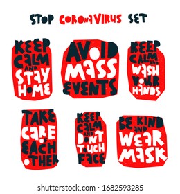 Set of flat banners stay home and take care of each other, keep calm and wash your hands, healthy distance, avoid mass events, be kind and wear mask