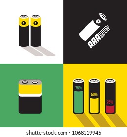 A set of flat battery icon in creative layout. AAA battery logo, 9v battery, battery percentage illustration