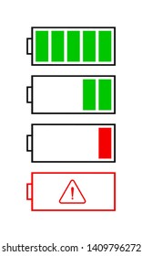 Set of flat battery icons isolated on white background. Vector, battery indicator icon for ui design.