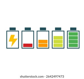 A set of flat battery icons showing various charge levels from empty to full. Perfect for mobile apps, energy-related infographics, and UI UX design.
