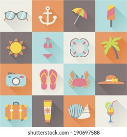 set of flat beach summer holiday icons 