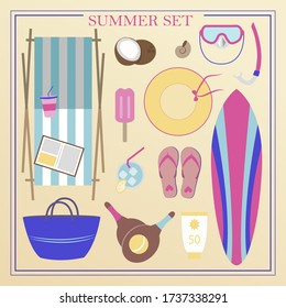 A set of flat beach summer items. Accessories for beach holidays by the sea. Swimsuit, diving cylinders, sunbed, camera and other icons for creating summer posters. Illustrations for ads, web, flyers