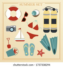 A set of flat beach summer items. Accessories for beach holidays by the sea. Swimsuit, diving cylinders, sunbed, camera and other icons for creating summer posters. Illustrations for ads, web, flyers