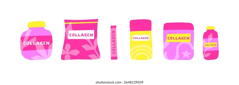 Set of flat beauty collagen supplements in packages isolated on white background. Drinking collagen powder icons. Feminine anti aging products. Skin health concept.