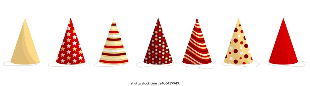 Set of flat birthday hats or festive party paper caps, cones. Cartoon red and yellow party hats for celebration, anniversary, carnival