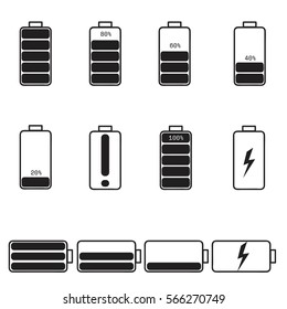 Set of flat black battery icon. Vector illustration.