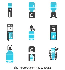 Set of flat black and blue contour vector icons for water coolers. Water coolers, plastic bottles, disposable cups. Design elements for business and website.