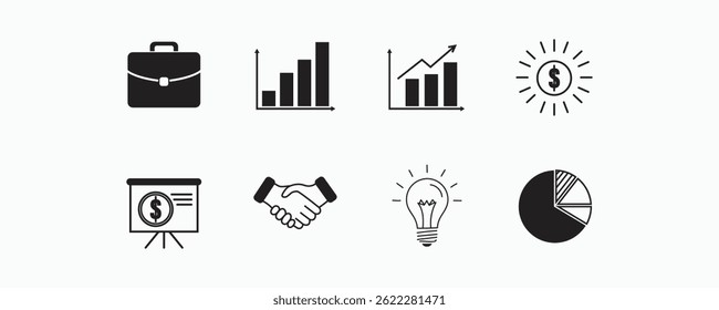 Set of flat black business icons including briefcase, bar chart, graph, money symbol, presentation board, handshake, lightbulb, and pie chart, ideal for finance and strategy themes.
