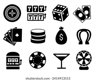 Juego de iconos de casino negro plano. Iconos vectores aislados en fondo blanco.