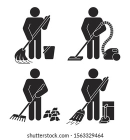 Set of Flat Black Color Cleaning  Service Workers Human Man Icon Set Simple Element Vector Illustration.
