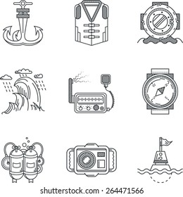 Set of flat black contour vector icons for diving or snorkeling on white background