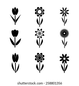 Set of flat black  flower icons on a white  background. Vector illustration