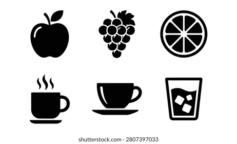 Set of flat black food and beverage icons featuring fruits and drinks