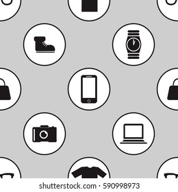 set of flat black gadget icons on white circle all in grey square background with seamless tile design