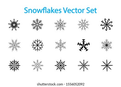 Set of flat black geometric snowflakes on a white background. Linear patterned decor of fifteen snowflakes.