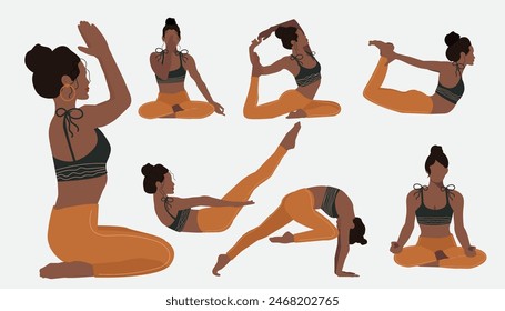 Conjunto de chicas negras planas haciendo yoga. Paquete de mujeres afroamericanas en diferentes poses. Ejercicios para la salud, postura, relajación, meditación, concentración.