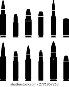 Set Of Flat Black Gun Rifle Bullet Ammo Vector Icons