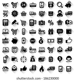 Set flat black icons, 64 symbols with shadow. Vector illustration