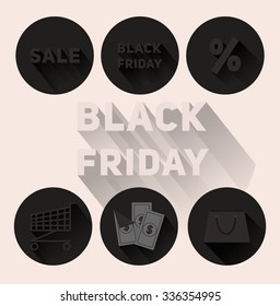 Set flat black icons Black Friday sale with long shadow