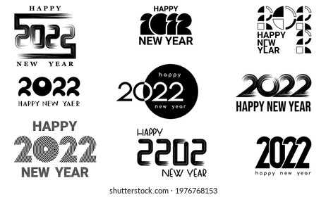 Set of flat black icons happy new year 2022, different shapes are used, and composition of numbers isolated on white background. Numbers 2022 in realistic, abstract and geometric styles. Vector 