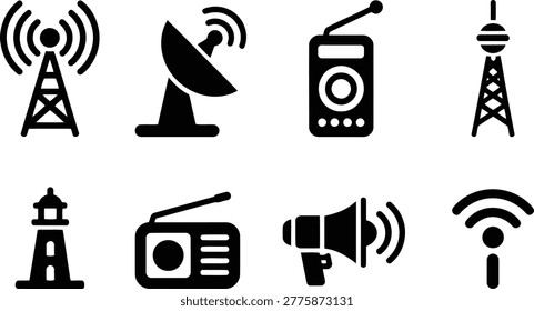 A set of flat black icons illustrating telecommunications gear satellite dishes radio transmitters and signal towers for digital data.
