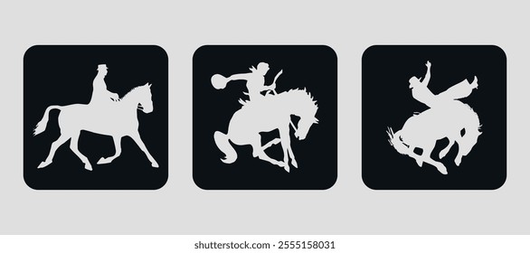 Set of flat black icons with a silhouette of a sports horse and rider