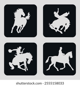 Set of flat black icons with a silhouette of a sports horse and rider