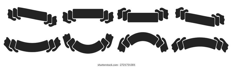 Um conjunto de silhuetas isoladas pretas planas de tiras de banners sobre fundo branco