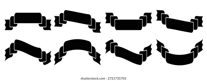 A set of flat black isolated silhouettes of ribbons banners on white background
