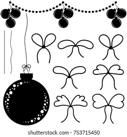 A set of flat black isolated silhouettes of Christmas toys in the form of balls, garlands and small bows. Simple design for processing.