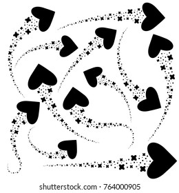 Set of flat black isolated silhouettes of meteorites in the form of hearts