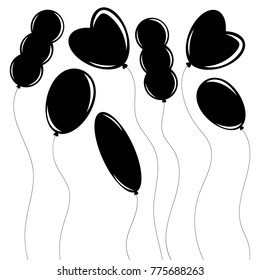 A set of flat black isolated silhouettes of balloons of different shapes on white . Simple flat vector illustration. Suitable for design, advertising, holidays, cards.