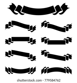 A set of flat black isolated silhouettes of ribbons banners on white background