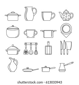 Set flat black line dishes items. Elements for kitchen and home design, infographics, labels, advertising and web sites.