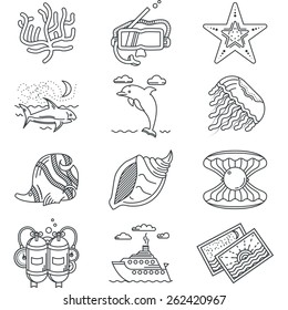 Set of flat black line vector icons for sea or ocean diving and swimming on white background.