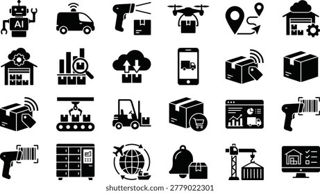 A set of flat, black logistics icons depicting delivery vehicles, packages, warehouse equipment, and automation, all isolated on a transparent background.