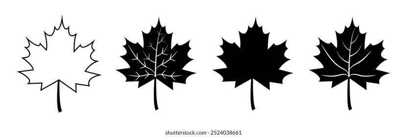 Set of flat black maple leaf shape icons isolated on white background vector illustration. Maple leaf icon set in black color. Forest and wood signs symbol.