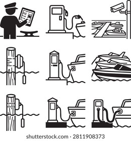 Set of flat black marina icons featuring boats refueling and security