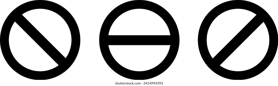 Set of flat black prohibition forbidden ban circle icon symbol. Stop sign signal for website concept isolated on white background design collection