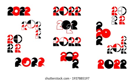 Conjunto de íconos rojos negros planos feliz año nuevo 2022, se utilizan diferentes formas y composiciones de números, aislados en fondo blanco. Ilustración vectorial. Tarjeta de saludo de ilustración, plantilla de folleto
