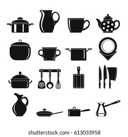 Set flat black silhouette dishes items. Elements for kitchen and home design, infographics, labels, advertising and web sites.
