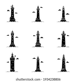 Set of flat black silhouette minimalism lighthouses. Vector illustration