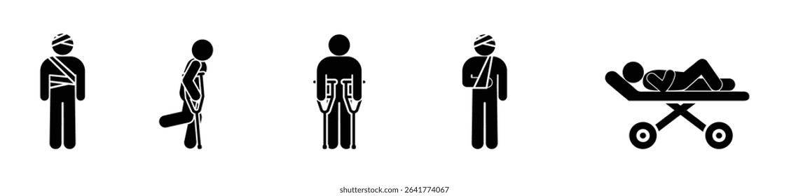 Set of flat black stickman icons with injuries: bandages, crutches, stretcher. Simple medical pictograms, isolated on white. Suitable for healthcare, hospital, trauma illustrations.