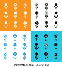 Set of flat black, white and blue flower icons. Vector illustration